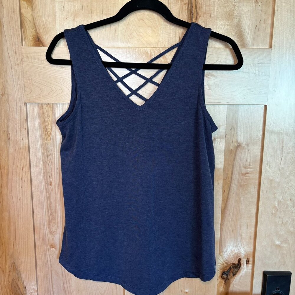 Title Nine Yasumi Tank Top S Small Navy Blue T9 Breeze Fabric Cross Back
